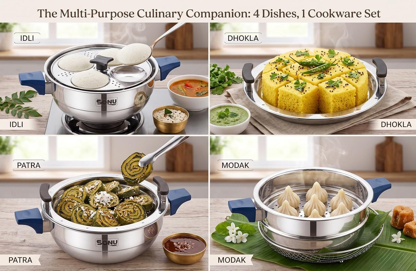 Sonu Trois Triply Stainless Steel Multi-Kadai| Idli Maker, Dhokla Steamer, Appam/Paniyaram Plate, Steaming Plates | Gas & Induction Compatible | Heavy Gauge Tri-Ply Cook Pot size-8