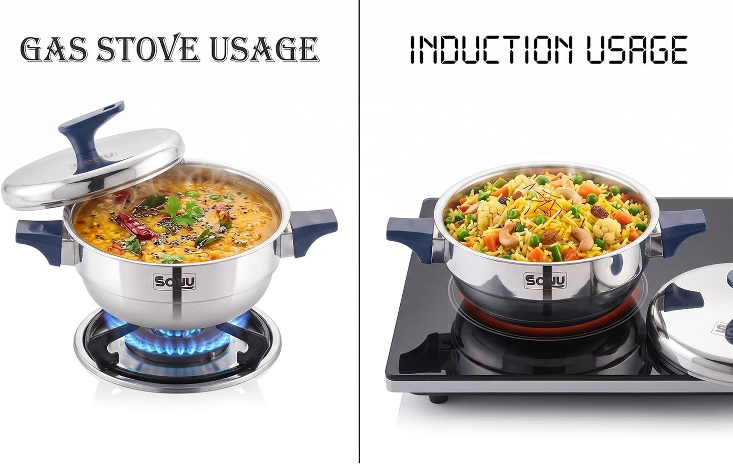 Sonu Trois Triply Stainless Steel Multi-Kadai| Idli Maker, Dhokla Steamer, Appam/Paniyaram Plate, Steaming Plates | Gas & Induction Compatible | Heavy Gauge Tri-Ply Cook Pot size-8
