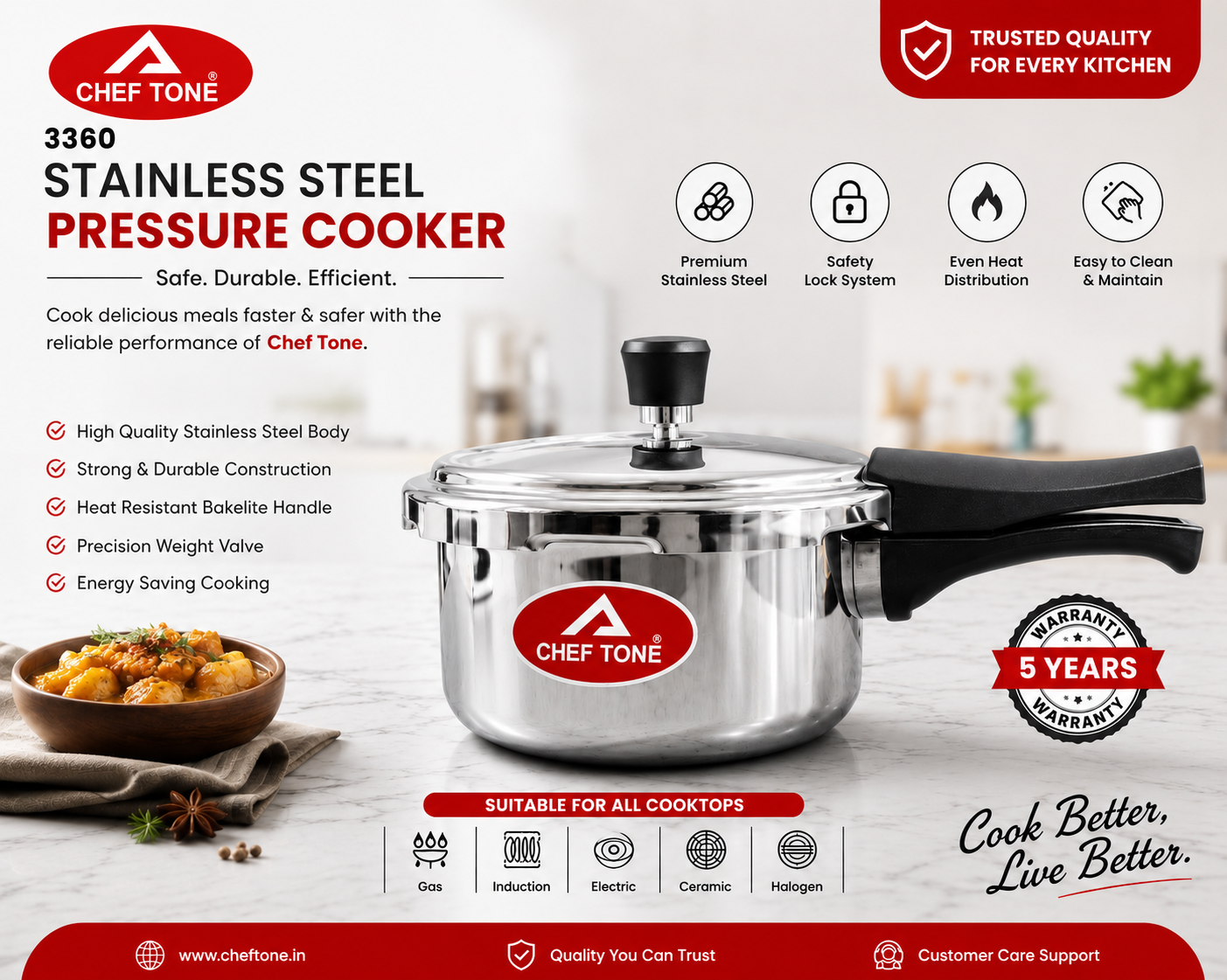 Cheftone Triply Cooker 2.5 ltr induction Base Triply ss 304 with isi