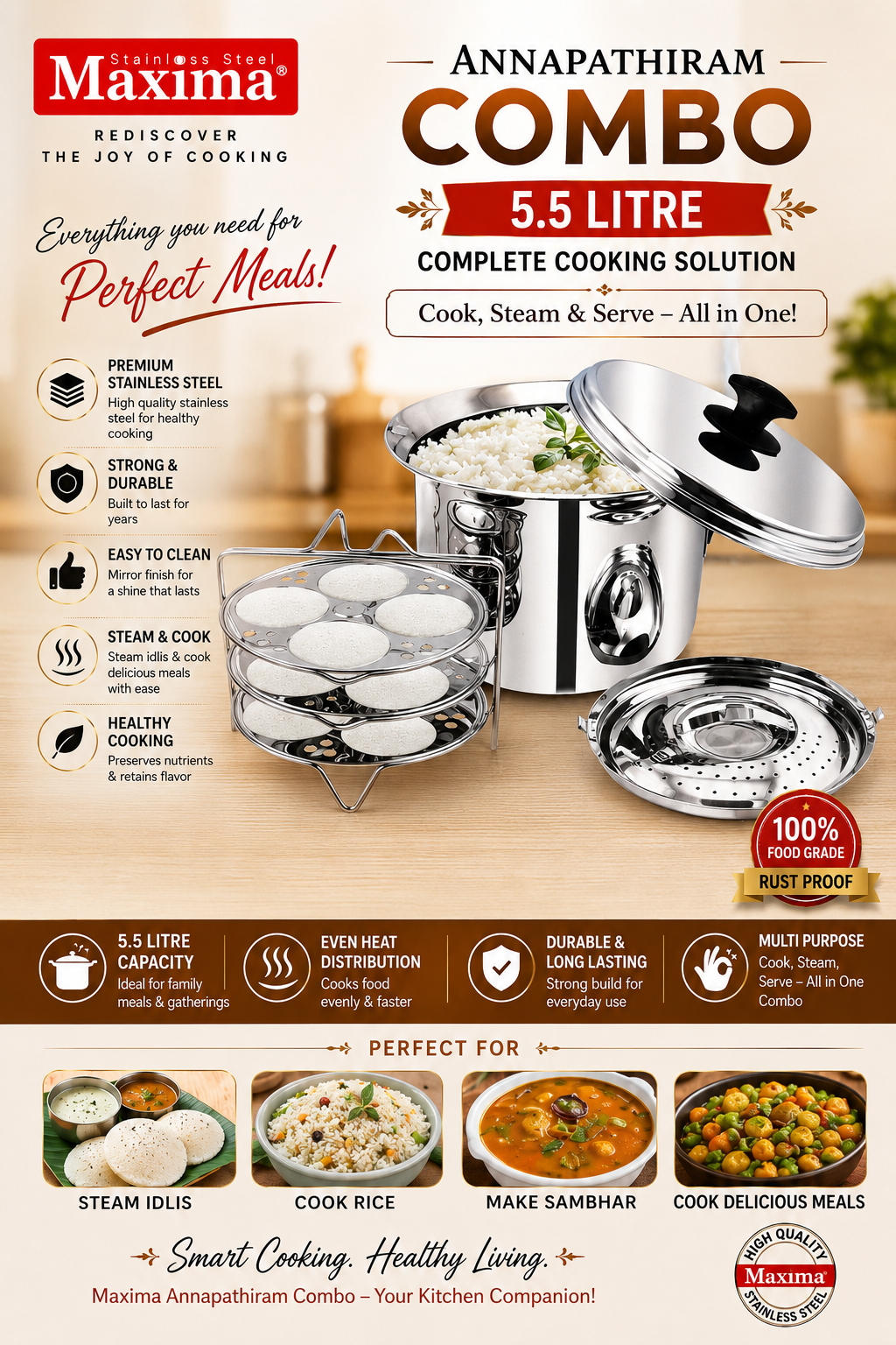 Maxima Annapathiram Combo – 5.5 Litre

Bring home a complete cooking solution with the Maxima Annapathiram Combo. Made from premium stainless steel, this versatile 5.5-litre combo is ideal for everyday family.!