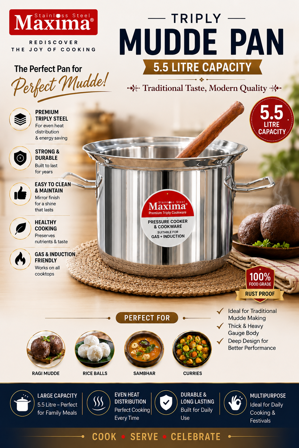 Maxima Annapathiram Combo – 5.5 Litre

Bring home a complete cooking solution with the Maxima Annapathiram Combo. Made from premium stainless steel, this versatile 5.5-litre combo is ideal for everyday family.!