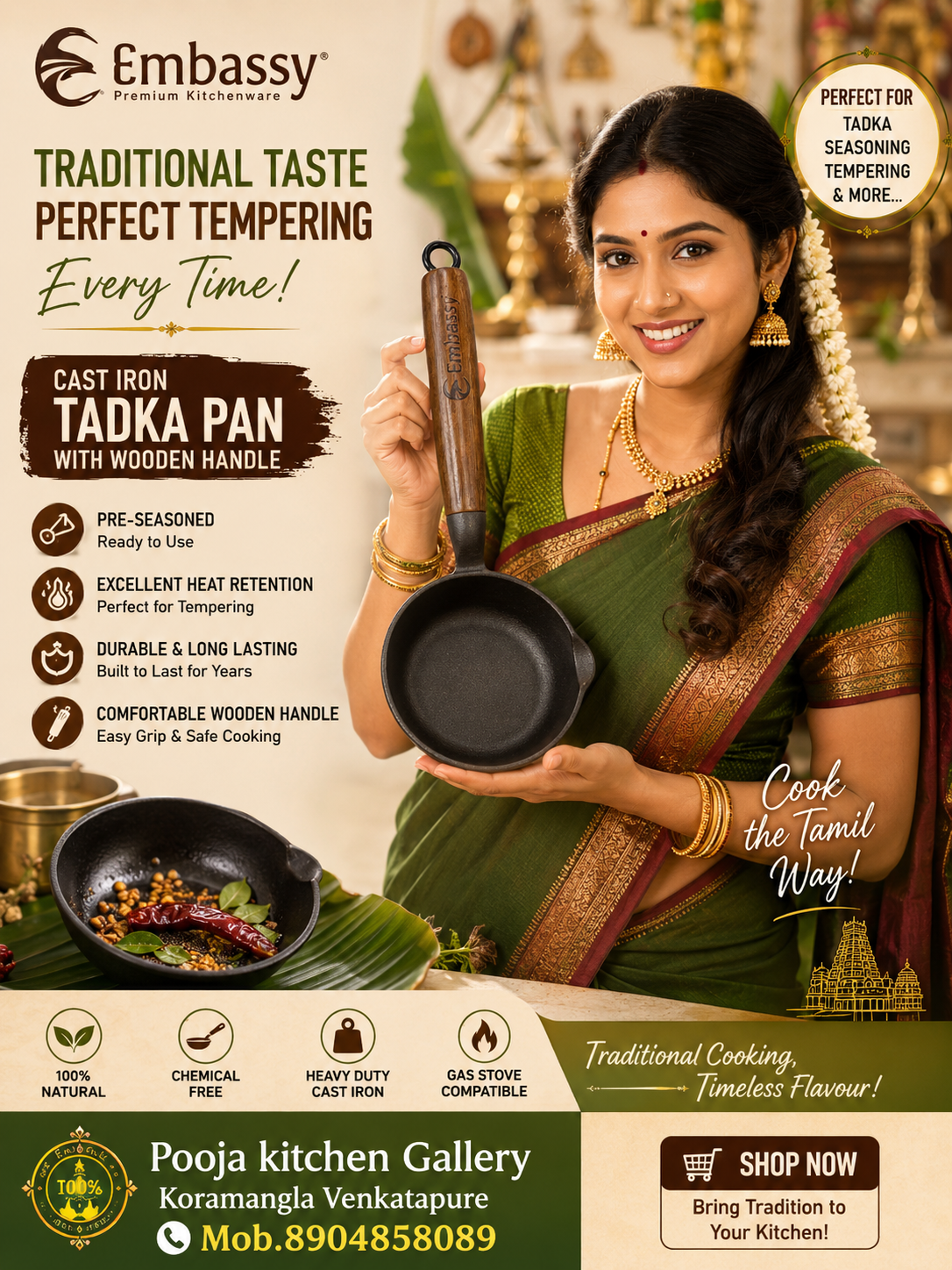 Embassy Cast Iron Tadka Pan with Wooden Handle size-10 cm.!