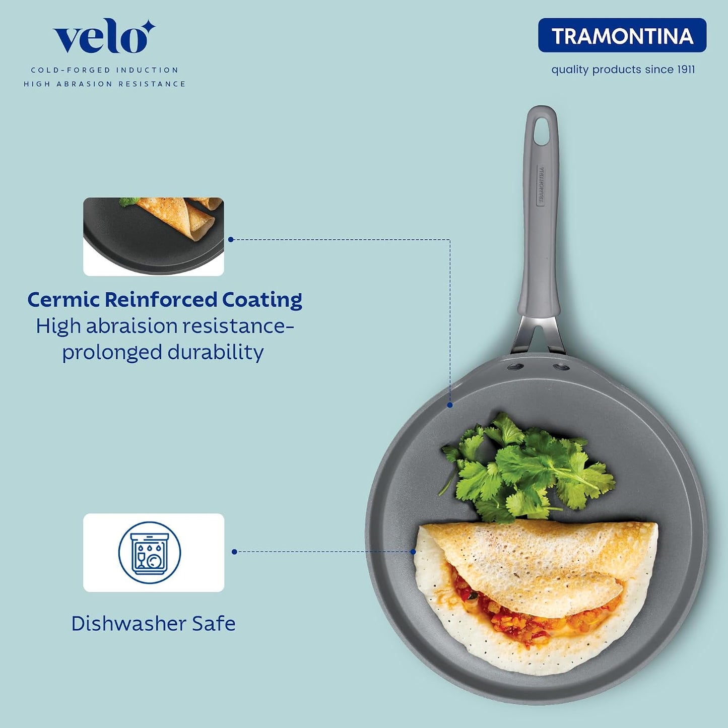 Tramontina Velo 28cm Forged with Ceramic Reinforced Interior Flat Dosa Tawa | Raised Edges | Gas/Induction Cookware | Tawa for Dosa,Uttapam | Stainless Steel Handle | Silicone Grip | Sea Blue