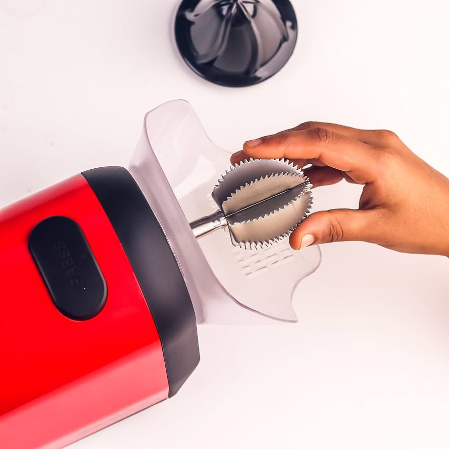 Brewine 2-in-1 Coconut Scraper & Citrus Juicer with Dual Speed Settings, Cooling Fan for Ventilation, Stainless Steel Scraping Blade, Splash Guard, Super Suction Feet for Stability, Red, 200 Watts