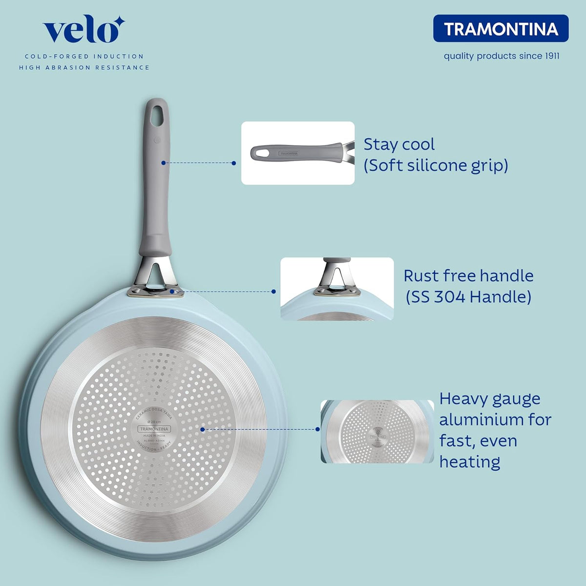 Tramontina Velo 28cm Forged with Ceramic Reinforced Interior Flat Dosa Tawa | Raised Edges | Gas/Induction Cookware | Tawa for Dosa,Uttapam | Stainless Steel Handle | Silicone Grip | Sea Blue