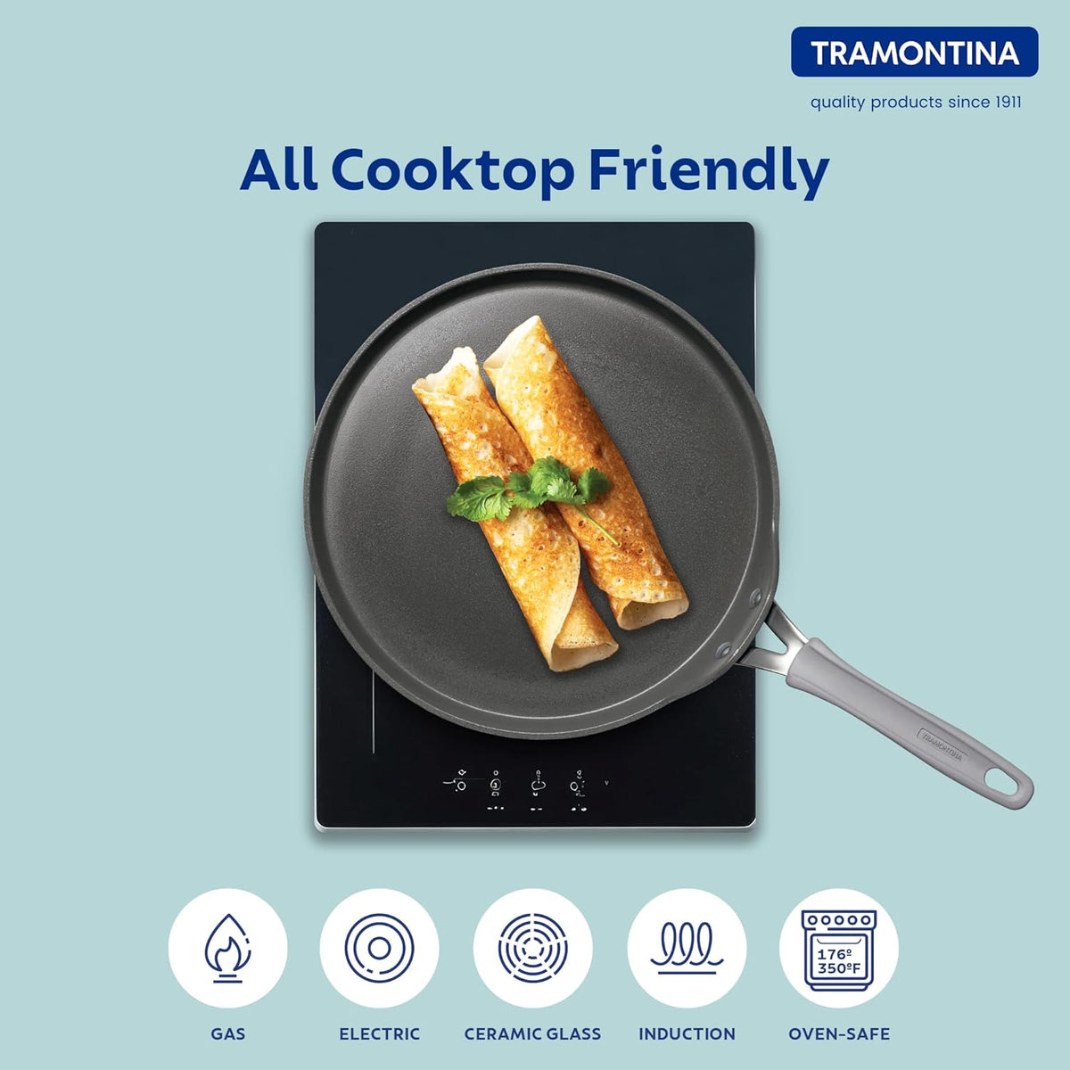 Tramontina Velo 28cm Forged with Ceramic Reinforced Interior Flat Dosa Tawa | Raised Edges | Gas/Induction Cookware | Tawa for Dosa,Uttapam | Stainless Steel Handle | Silicone Grip | Sea Blue