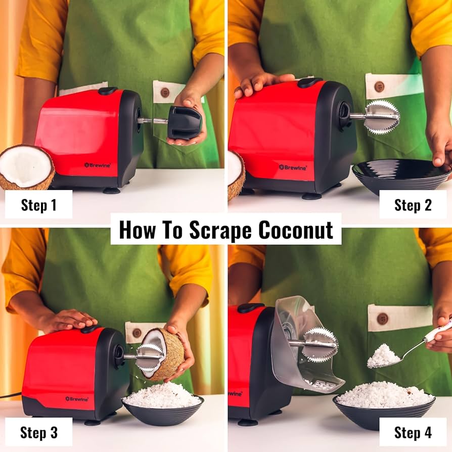 Brewine 2-in-1 Coconut Scraper & Citrus Juicer with Dual Speed Settings, Cooling Fan for Ventilation, Stainless Steel Scraping Blade, Splash Guard, Super Suction Feet for Stability, Red, 200 Watts