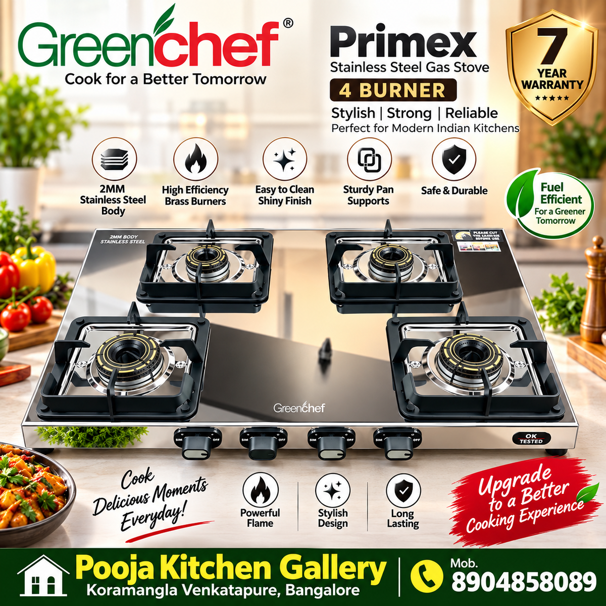 Greenchef Primex 4-Burner Stainless Steel Gas Stove| Free STEEL Cooker 5ltr,3 ltr,2 ltr cooker 

Upgrade your kitchen with the Greenchef Primex 4-Burner Stainless Steel Gas Stove, designed for modern Indian kitchens. Its premium 2mm stainless-steel body,