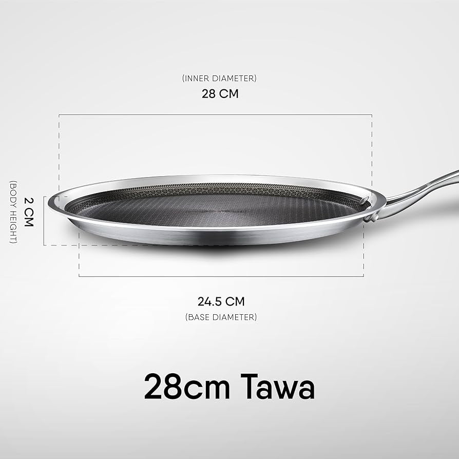 Stahl Artisan Hybrid Triply Dosa Tawa, Dosa Tawa with Induction Base, Non Stick Pan, Stainless Steel Scratch Resistant Dosa Tava, 28 cm