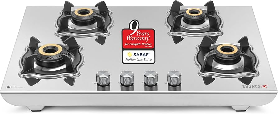 Sujata Robusto Gas Stove 4 Burners Steel Body | 9 Years Warranty, ISI Certified | 4 Burner Stove, Stainless Steel, Jumbo Brass Burner, SABAF, LPG Ready & PNG Compatible (Steel Finish)