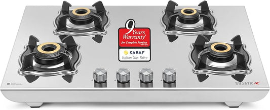 Sujata Robusto Gas Stove 4 Burners Steel Body | 9 Years Warranty, ISI Certified | 4 Burner Stove, Stainless Steel, Jumbo Brass Burner, SABAF, LPG Ready & PNG Compatible (Steel Finish)