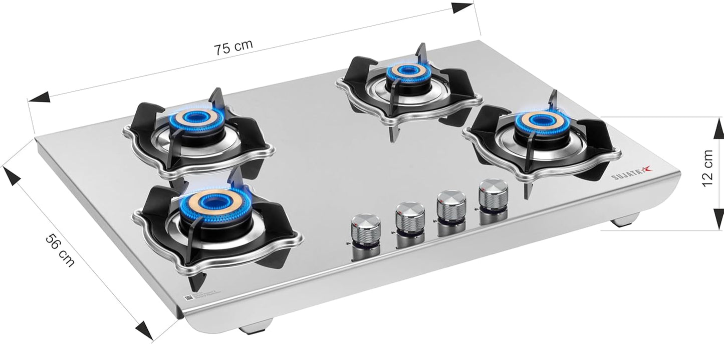 Sujata Robusto Gas Stove 4 Burners Steel Body | 9 Years Warranty, ISI Certified | 4 Burner Stove, Stainless Steel, Jumbo Brass Burner, SABAF, LPG Ready & PNG Compatible (Steel Finish)