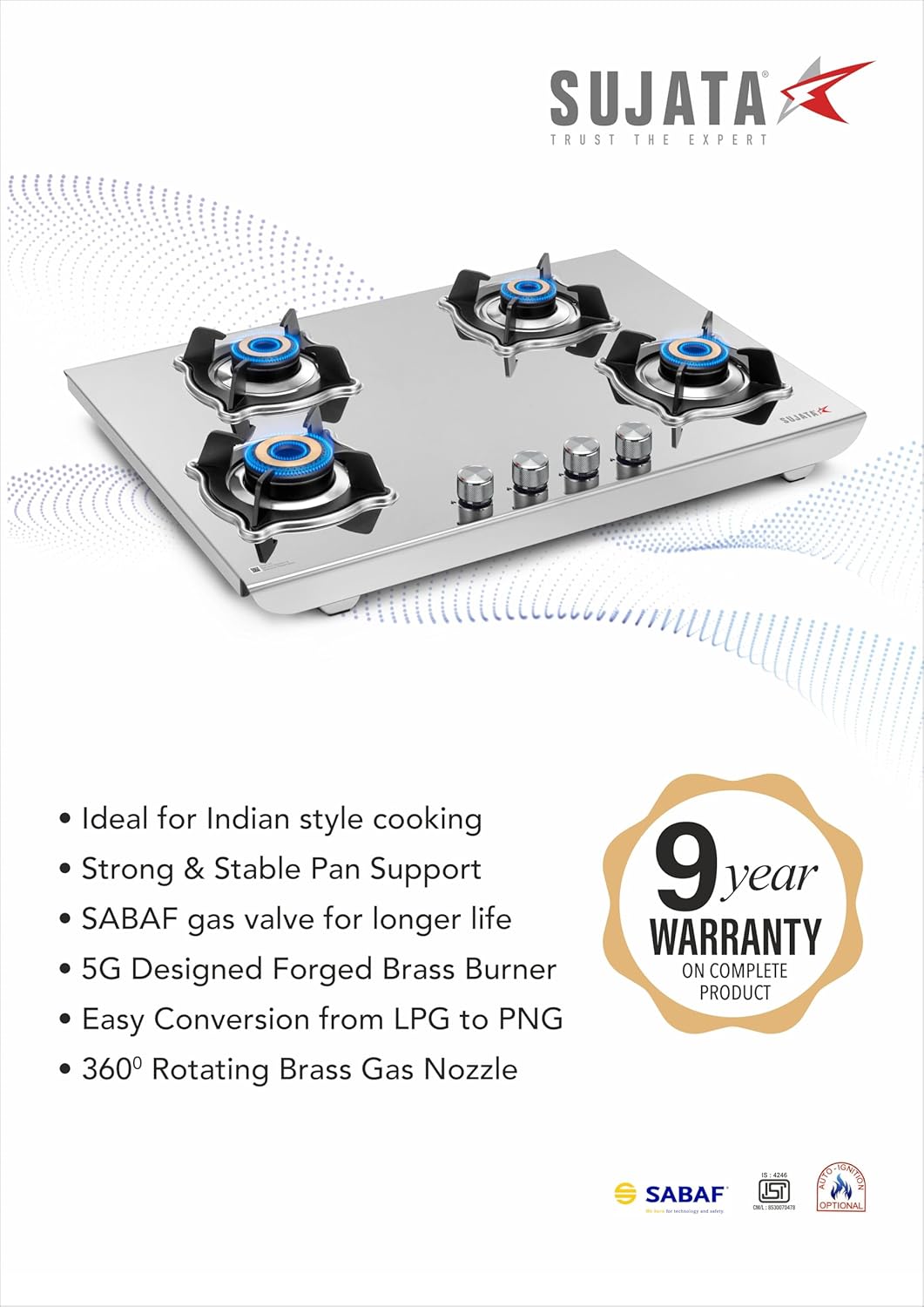 Sujata Robusto Gas Stove 4 Burners Steel Body | 9 Years Warranty, ISI Certified | 4 Burner Stove, Stainless Steel, Jumbo Brass Burner, SABAF, LPG Ready & PNG Compatible (Steel Finish)