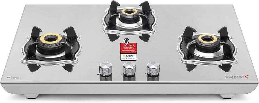 Sujata Robusto Gas Stove 3 Burners Steel | 9 Years Warranty, ISI Certified | 3 Burner Gas Stove Stainless Steel, Jumbo Brass Burner, LPG Ready & PNG Compatible (Steel Finish) Manual