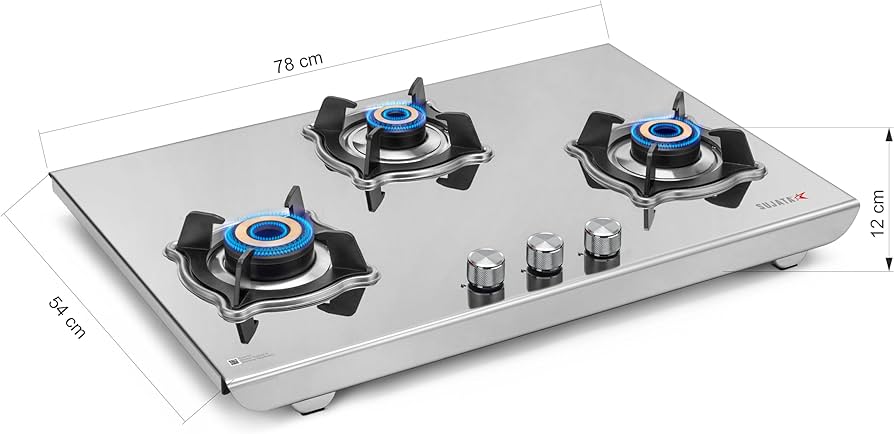 Sujata Robusto Gas Stove 3 Burners Steel | 9 Years Warranty, ISI Certified | 3 Burner Gas Stove Stainless Steel, Jumbo Brass Burner, LPG Ready & PNG Compatible (Steel Finish) Manual