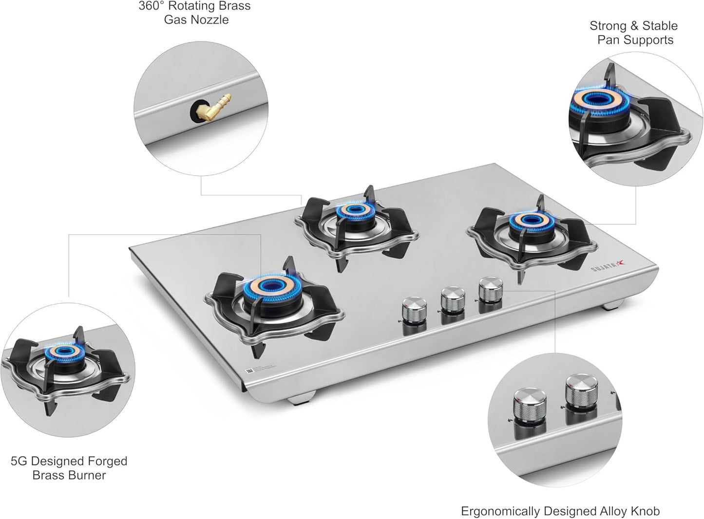 Sujata Robusto Gas Stove 3 Burners Steel | 9 Years Warranty, ISI Certified | 3 Burner Gas Stove Stainless Steel, Jumbo Brass Burner, LPG Ready & PNG Compatible (Steel Finish) Manual
