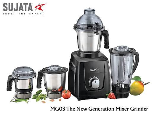 Sujata MG03 Mixer Grinder|1000 Watts Double Ball Bearing Motor|24000 RPM|Non-Stop 90 Mins Running|4 Jars including 1750ml Blender with Coconut Milk Extractor, 1500ml, 1000ml, 500ml Jar| (Black)