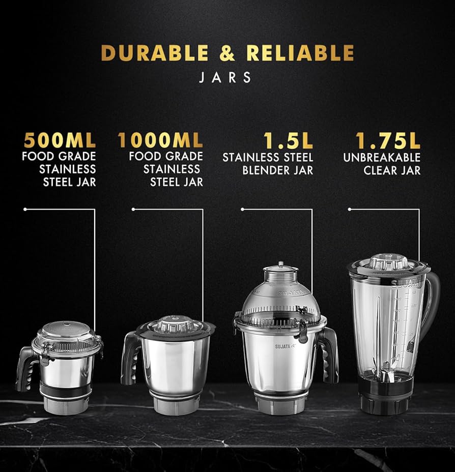Sujata MG03 Mixer Grinder|1000 Watts Double Ball Bearing Motor|24000 RPM|Non-Stop 90 Mins Running|4 Jars including 1750ml Blender with Coconut Milk Extractor, 1500ml, 1000ml, 500ml Jar| (Black)