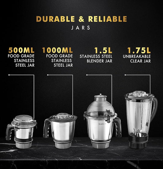 Sujata MG03 Mixer Grinder|1000 Watts Double Ball Bearing Motor|24000 RPM|Non-Stop 90 Mins Running|4 Jars including 1750ml Blender with Coconut Milk Extractor, 1500ml, 1000ml, 500ml Jar| (Black)