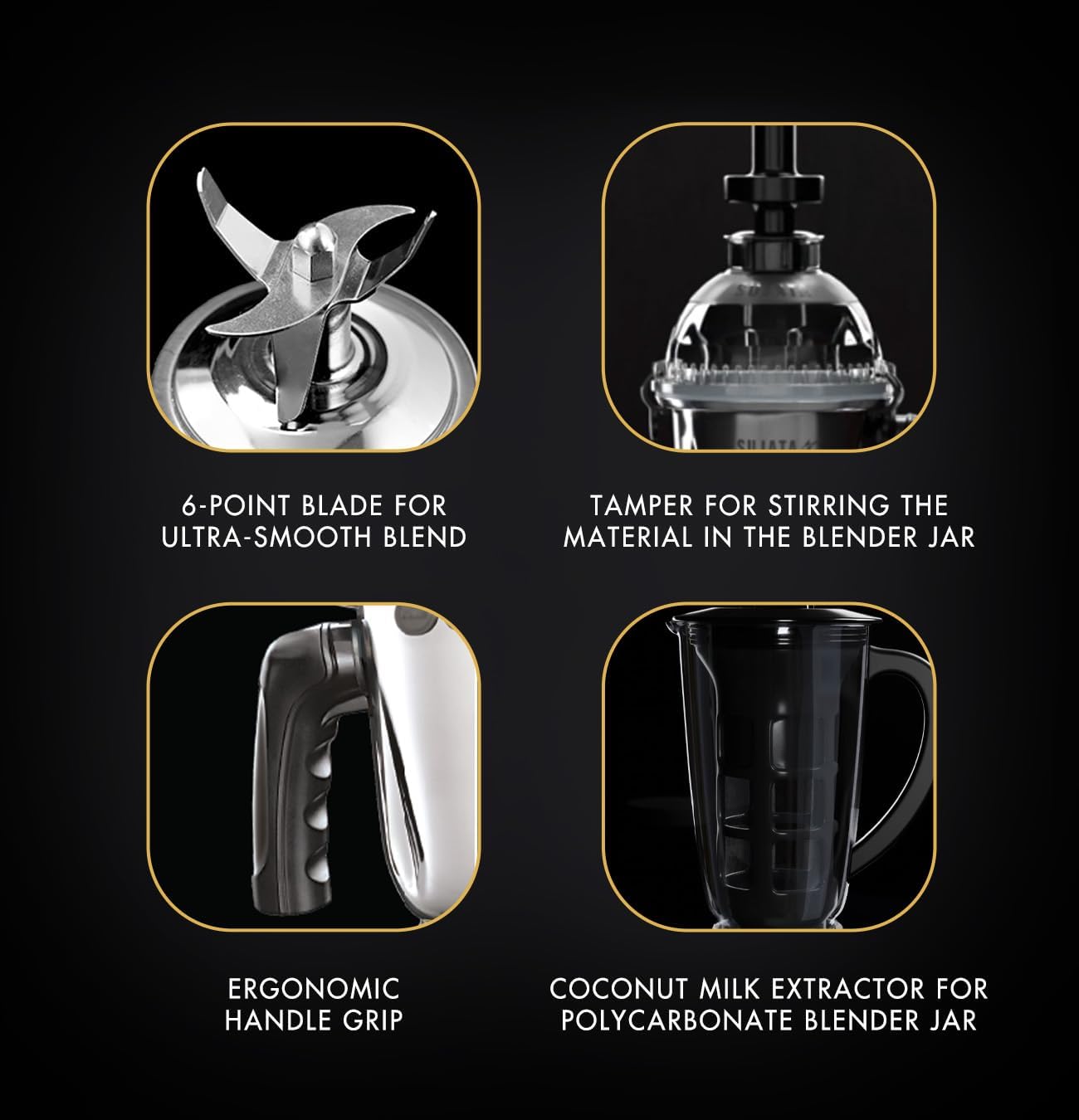 Sujata MG03 Mixer Grinder|1000 Watts Double Ball Bearing Motor|24000 RPM|Non-Stop 90 Mins Running|4 Jars including 1750ml Blender with Coconut Milk Extractor, 1500ml, 1000ml, 500ml Jar| (Black)