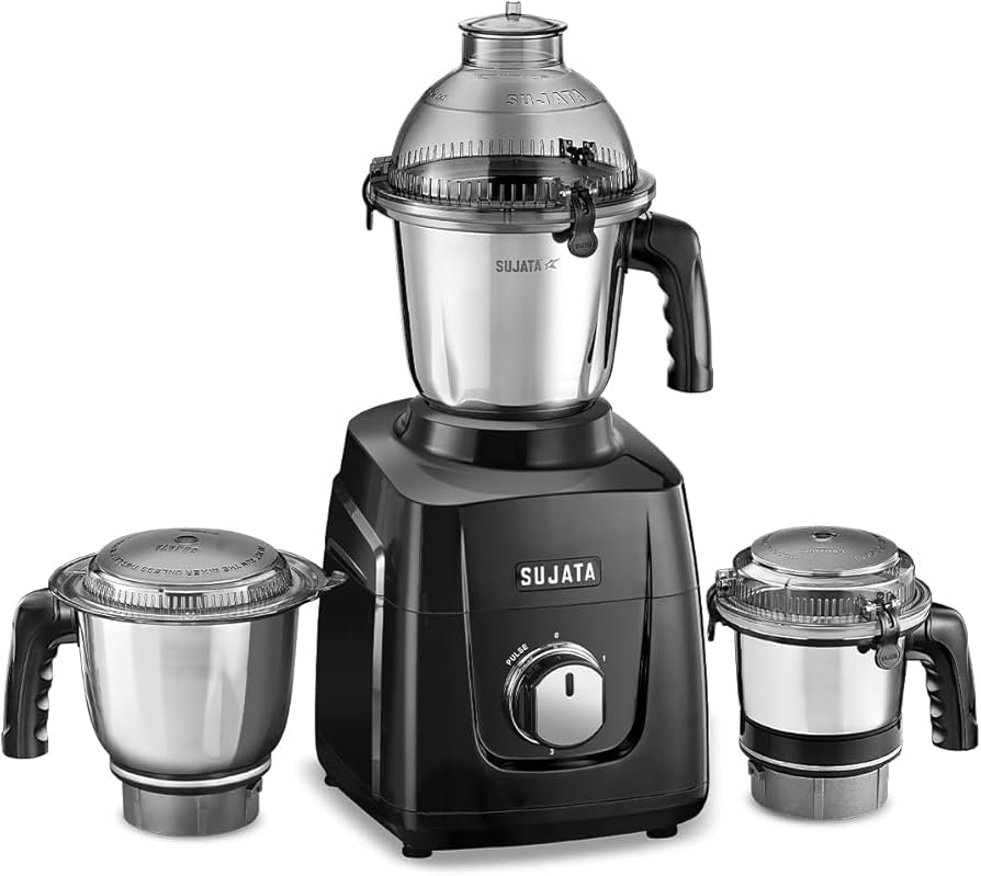 Sujata MG02 Mixer Grinder|1000 Watts Double Ball Bearing Motor|24000 RPM|Non-Stop 90 Mins Running|3 Food Grade Steel Jars including 1500ml Multipurpose, 1000ml Grinder, 500ml Chutney Jar| (Black)