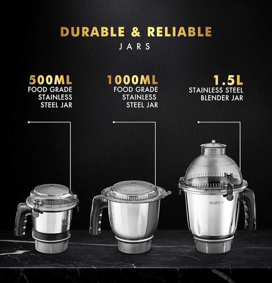 Sujata MG02 Mixer Grinder|1000 Watts Double Ball Bearing Motor|24000 RPM|Non-Stop 90 Mins Running|3 Food Grade Steel Jars including 1500ml Multipurpose, 1000ml Grinder, 500ml Chutney Jar| (Black)