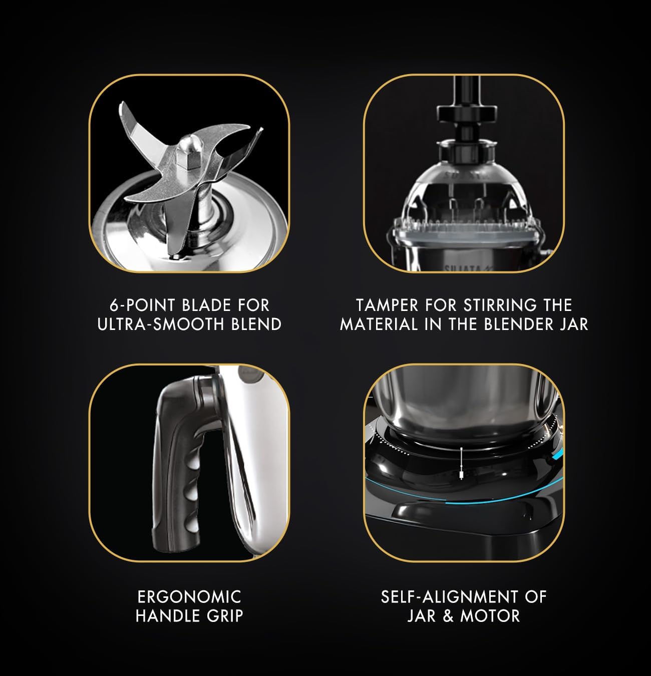 Sujata MG02 Mixer Grinder|1000 Watts Double Ball Bearing Motor|24000 RPM|Non-Stop 90 Mins Running|3 Food Grade Steel Jars including 1500ml Multipurpose, 1000ml Grinder, 500ml Chutney Jar| (Black)