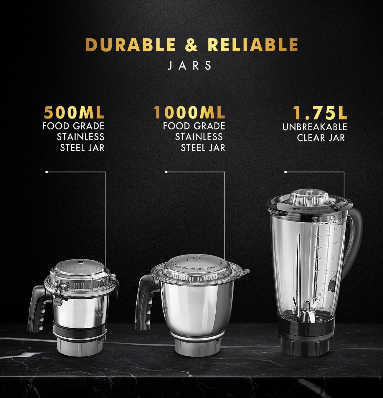 Sujata MG01 Mixer Grinder|1000 Watts Double Ball Bearing Motor|24000 RPM| Non-Stop 90 Mins Running|3 Jars including 1750ml Blender, 1000ml Grinder, 500ml Chutney Jar| (Black)