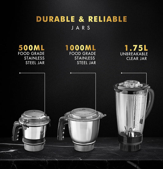 Sujata MG01 Mixer Grinder|1000 Watts Double Ball Bearing Motor|24000 RPM| Non-Stop 90 Mins Running|3 Jars including 1750ml Blender, 1000ml Grinder, 500ml Chutney Jar| (Black)