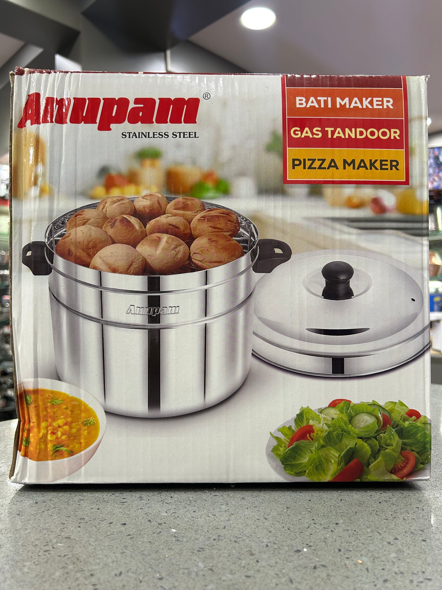 Anupam Stainless Steel Multipurpose Gas Tandoor Oven | Big Bati Maker 12 inch Dimension Pizza Maker & Roti Cooker | Barbecue Grill Food Steamer Cookware Set for Home Kitchen With Grill Plate & Lid