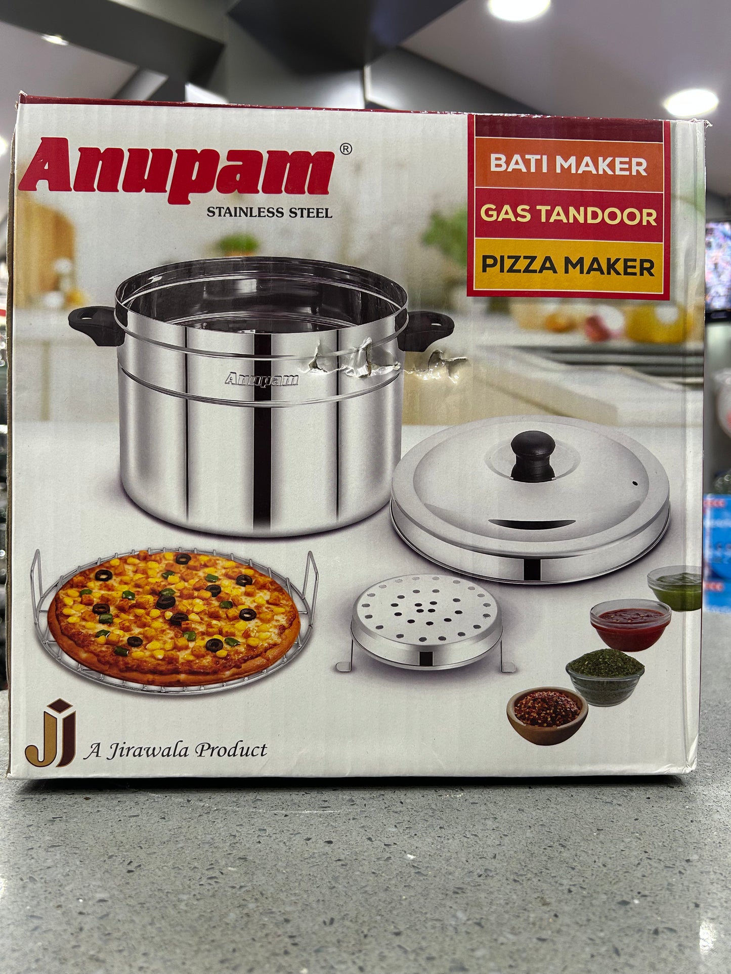 Anupam Stainless Steel Multipurpose Gas Tandoor Oven | Big Bati Maker 12 inch Dimension Pizza Maker & Roti Cooker | Barbecue Grill Food Steamer Cookware Set for Home Kitchen With Grill Plate & Lid
