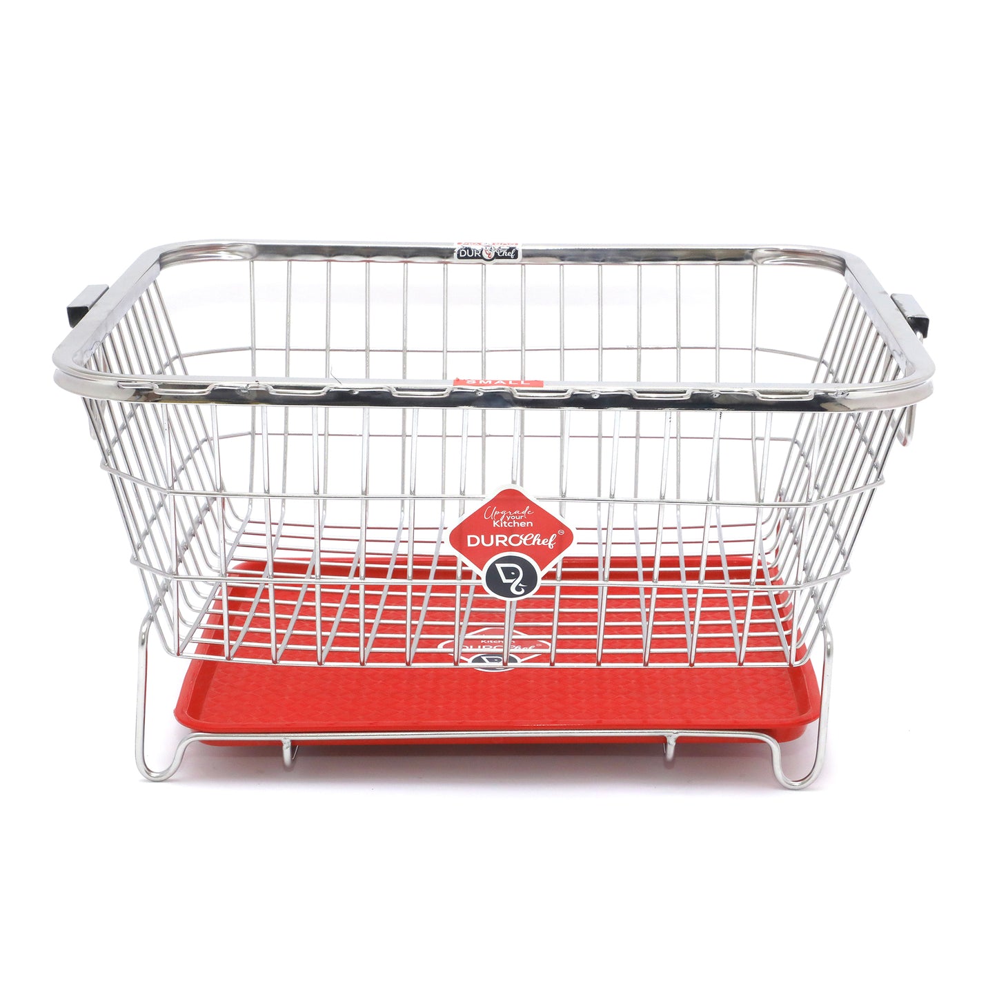 Durochef Kitchen Dish Drying Rack, Chrome Wire Basket with Red Drainboard and Black Utensil Holder