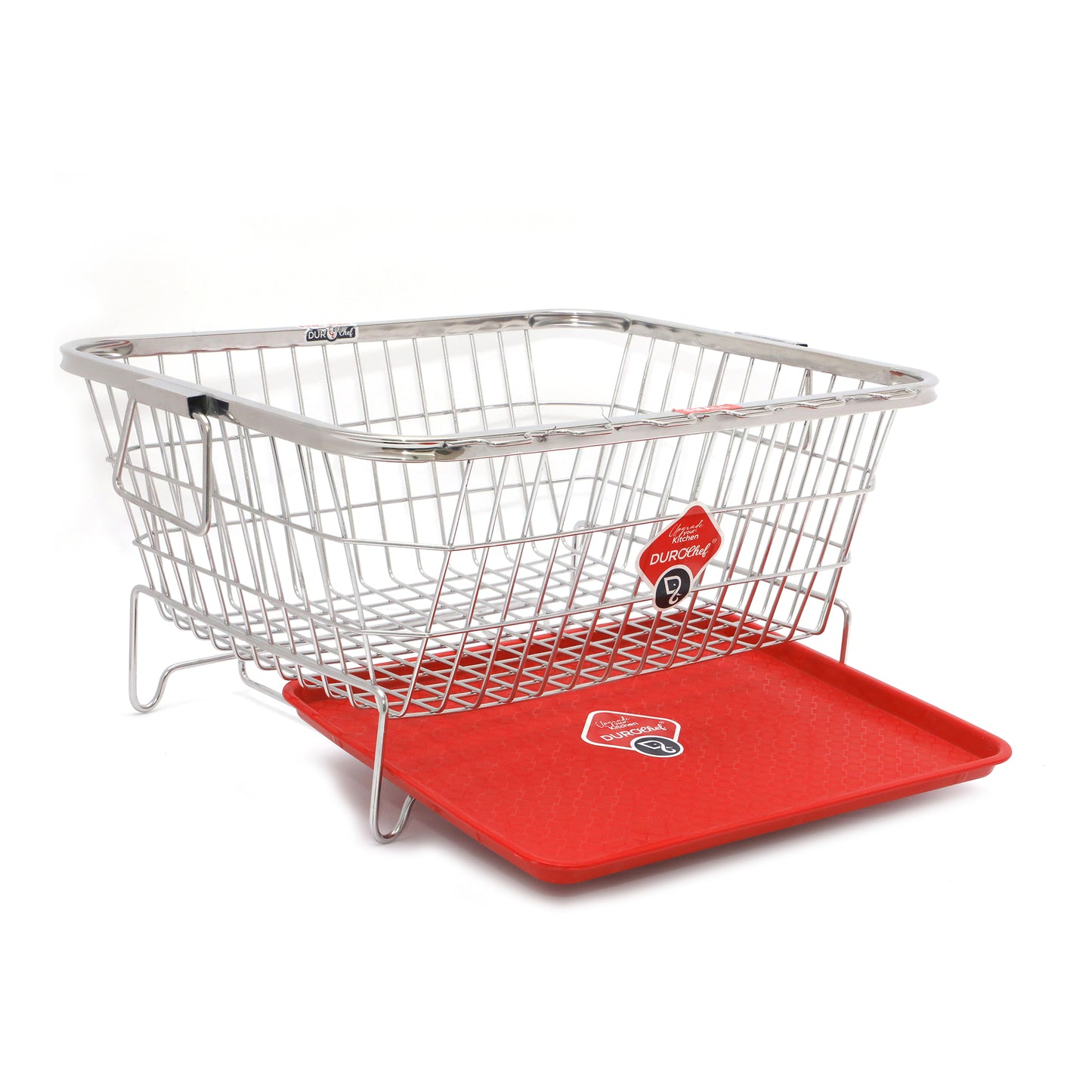 Durochef Kitchen Dish Drying Rack, Chrome Wire Basket with Red Drainboard and Black Utensil Holder
