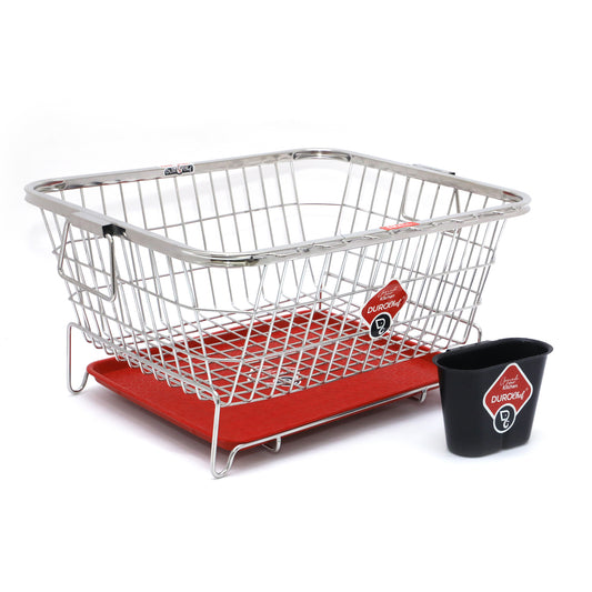 Durochef Kitchen Dish Drying Rack, Chrome Wire Basket with Red Drainboard and Black Utensil Holder