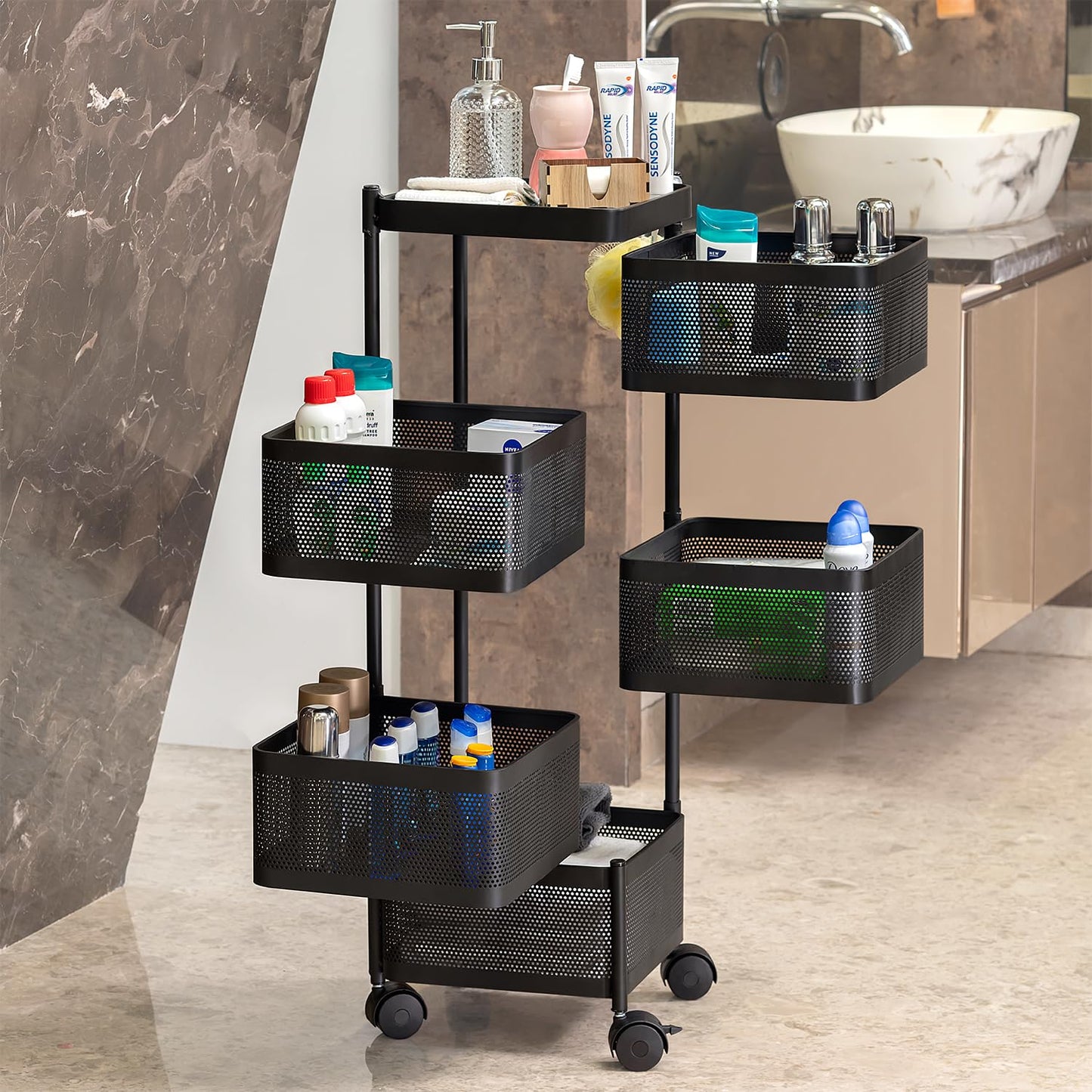 Kitchenwell Multi-Purpose Trolley Storage Organizer and Kitchen Accessories Items for Kitchen Storage Rack Square Design Fruits & Vegetable Onion Cutlery (Matt Black)