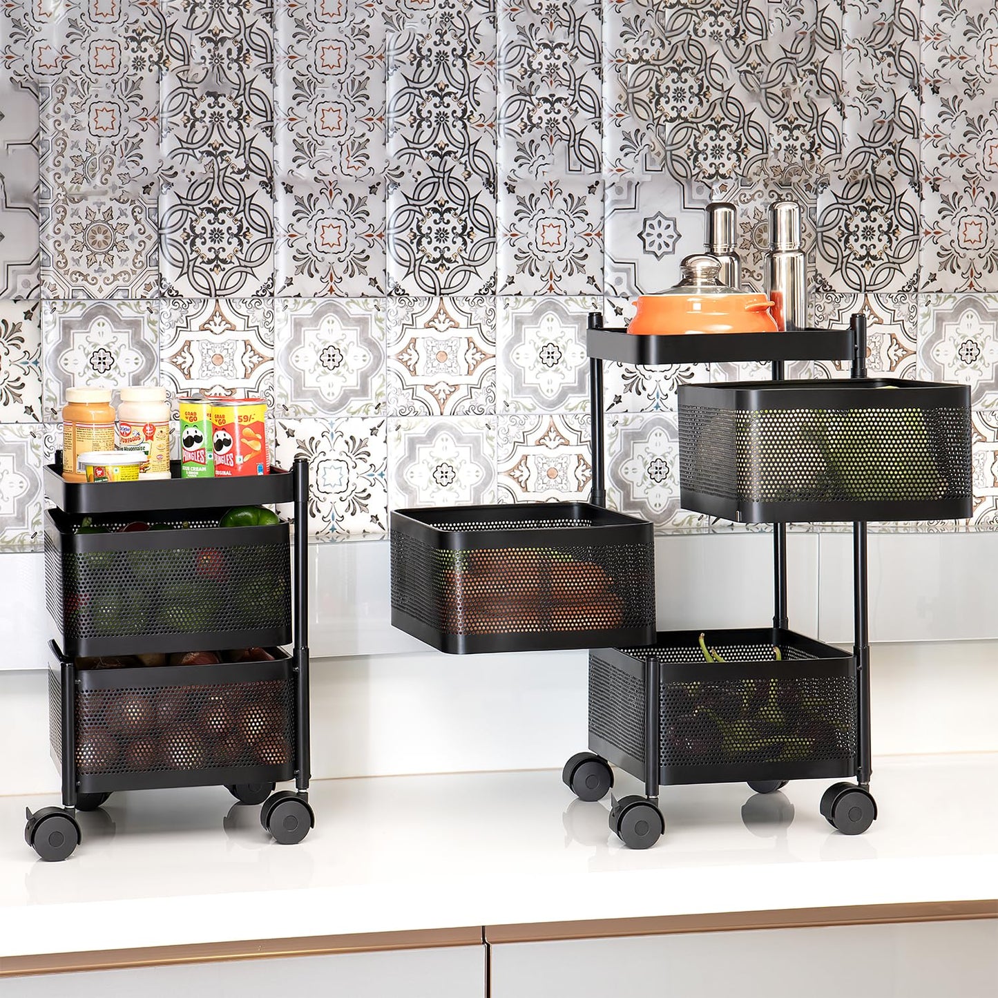 Kitchenwell Multi-Purpose Trolley Storage Organizer and Kitchen Accessories Items for Kitchen Storage Rack Square Design Fruits & Vegetable Onion Cutlery (Matt Black)