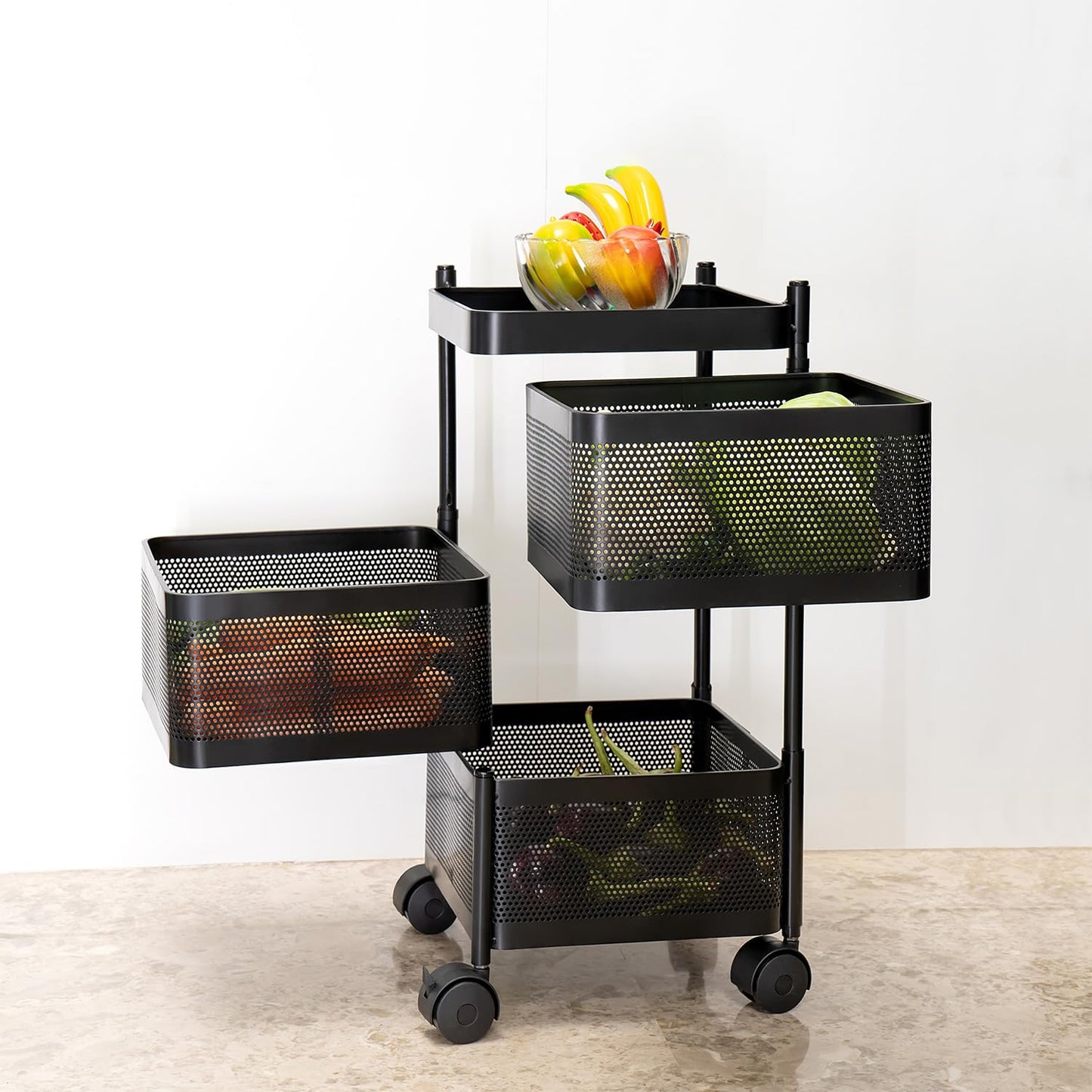 Kitchenwell Multi-Purpose Trolley Storage Organizer and Kitchen Accessories Items for Kitchen Storage Rack Square Design Fruits & Vegetable Onion Cutlery (Matt Black)