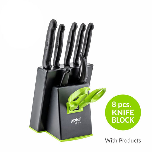 KOHE 8 PCS Stainless Steel Kitchen Knife Set with Block, Knife Holder for Kitchen, 5 Knives, 2 Peelers and 1 Scissors(KB-811/B)