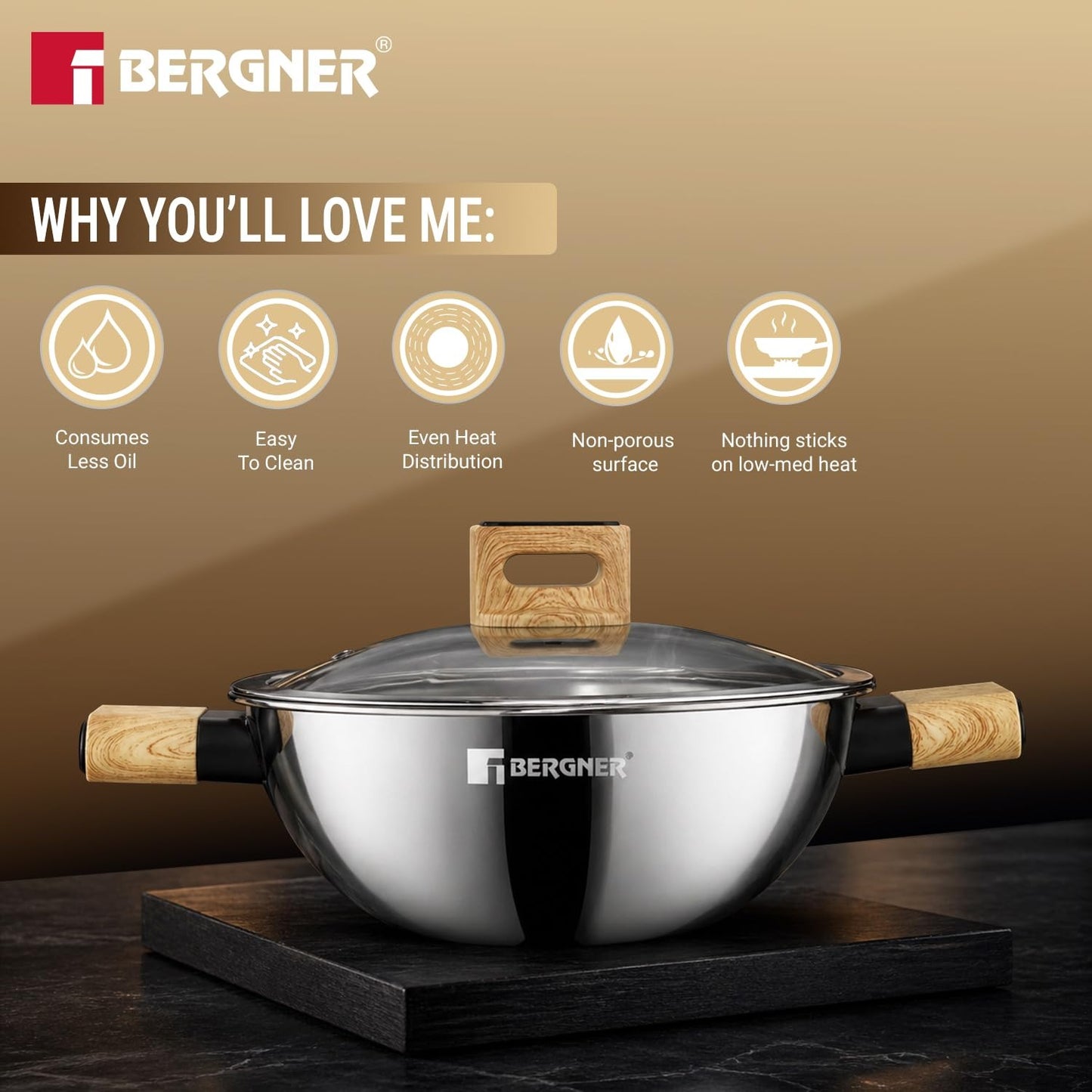 Berger TRI-Oak Kadai with Glass Lid