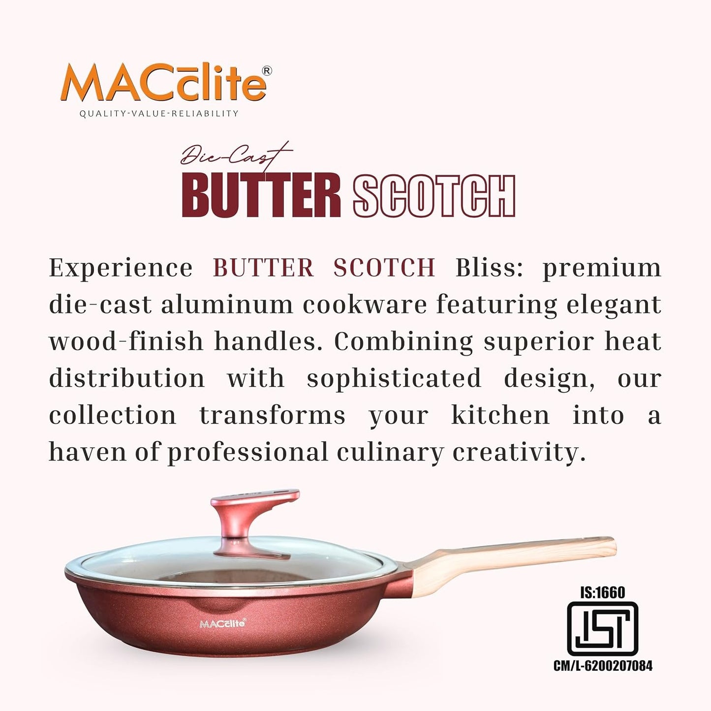 Macclite Triumph Frying Pan With Glass Lid Butter Scotch