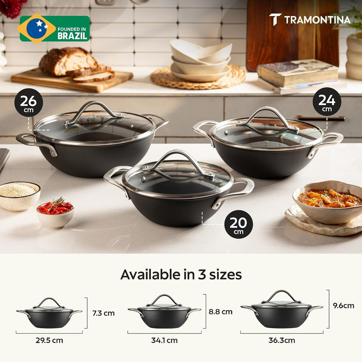 Tramontina Iron Alloy Heritage Kadai with Glass Lid 24 cm 3.7 L | Black