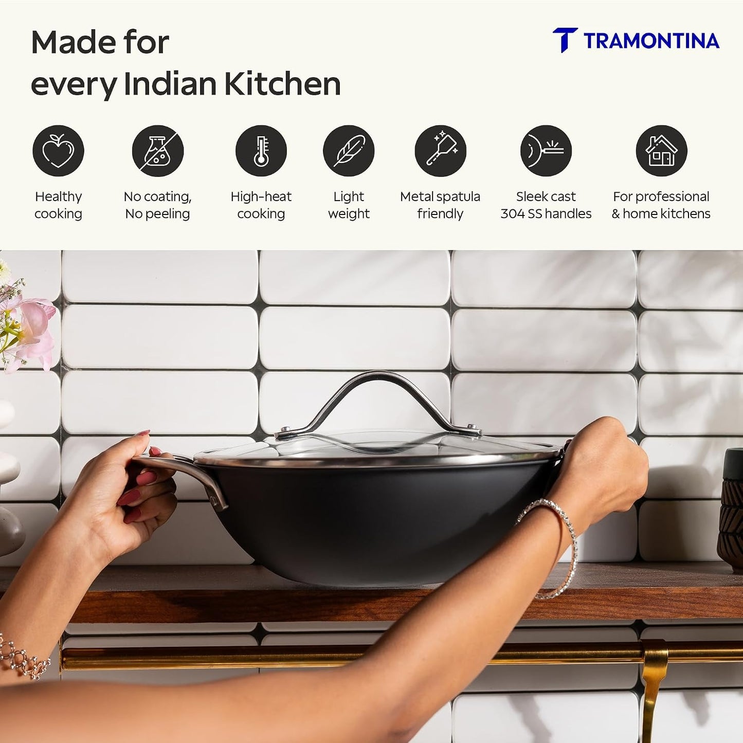 Tramontina Iron Alloy Heritage Kadai with Glass Lid 24 cm 3.7 L | Black