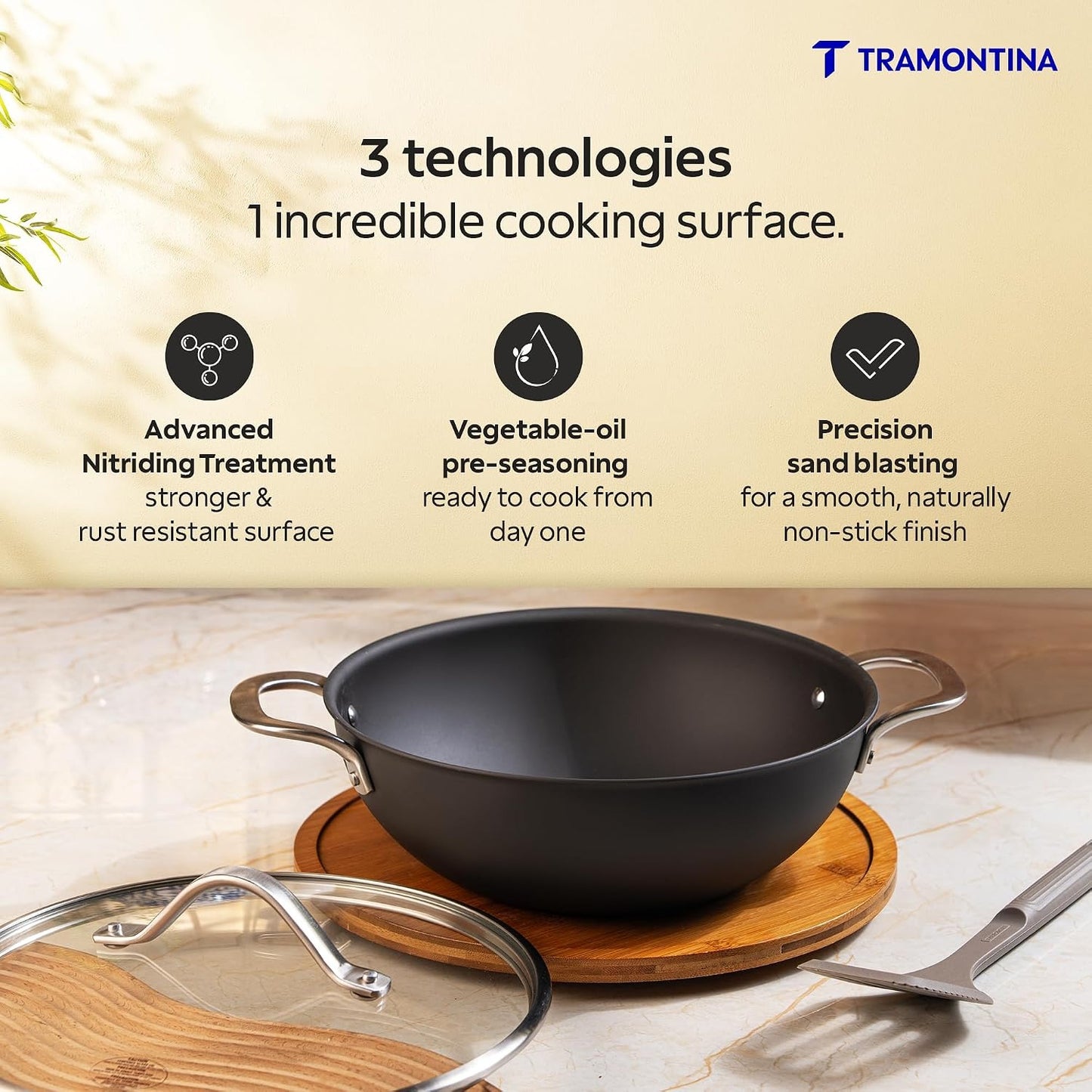 Tramontina Iron Alloy Heritage Kadai with Glass Lid 24 cm 3.7 L | Black