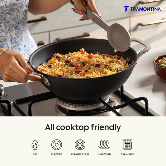 Tramontina Iron Alloy Heritage Kadai with Glass Lid 24 cm 3.7 L | Black
