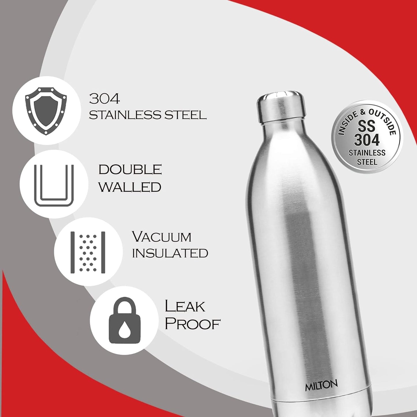 MILTON Duo DLX Thermosteel Bottle, Water Bottles, 24 Hours Hot and Cold, Easy to Carry, Easy Grip, Rust Proof, Tea, Coffee, Office, Travel Bottle, Silver
