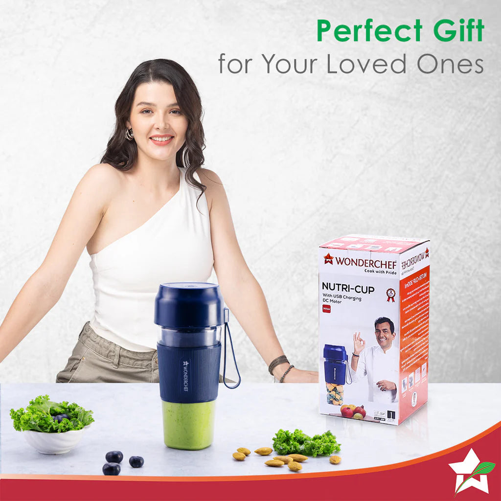 Wonderchef Nutri-Cup Portable Blender | USB Charging | Smoothie maker | SS Blades | Battery Operated Rechargeable Blender | 300ml | Compact Size | Blue
