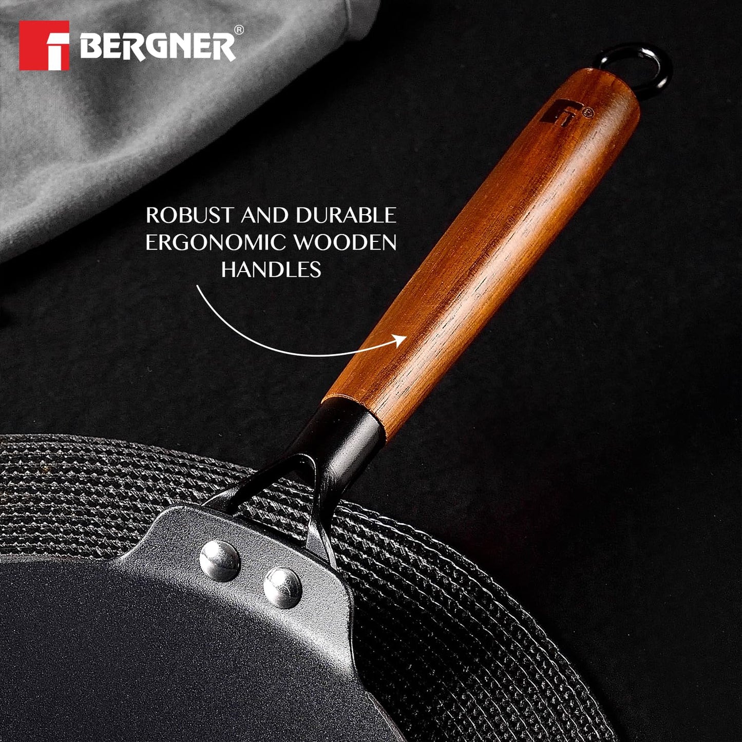 BERGNER Odin Cast Iron Roti Tawa with Wooden Coated Handle, Loha Roti Tawa, for Chapatis/Rotis/Parathas, Rust Proof and Lightweight Iron, Enamel Finish - Induction Bottom and Gas Stove Ready