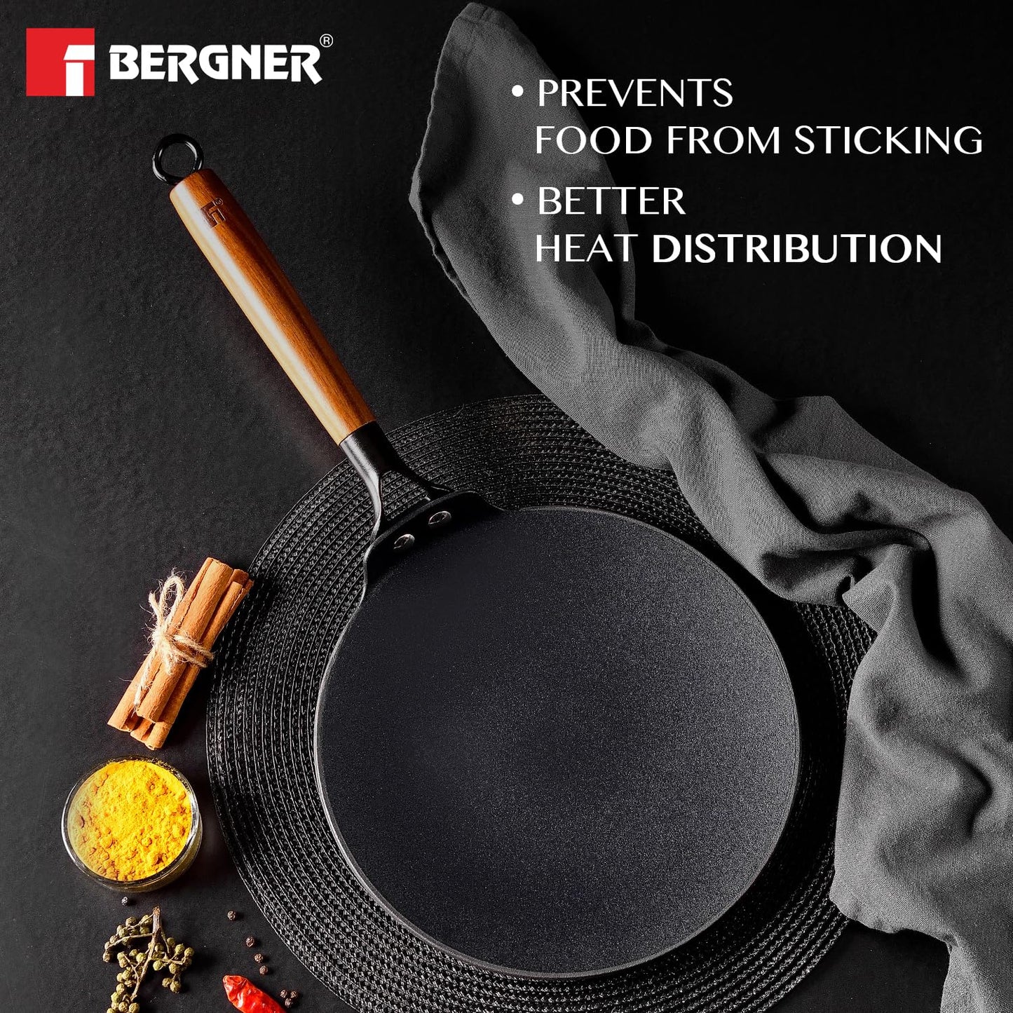 BERGNER Odin Cast Iron Roti Tawa with Wooden Coated Handle, Loha Roti Tawa, for Chapatis/Rotis/Parathas, Rust Proof and Lightweight Iron, Enamel Finish - Induction Bottom and Gas Stove Ready