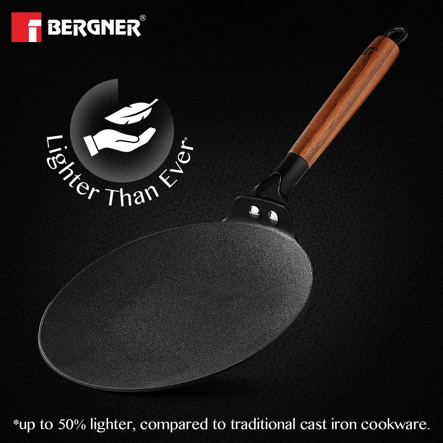 BERGNER Odin Cast Iron Roti Tawa with Wooden Coated Handle, Loha Roti Tawa, for Chapatis/Rotis/Parathas, Rust Proof and Lightweight Iron, Enamel Finish - Induction Bottom and Gas Stove Ready