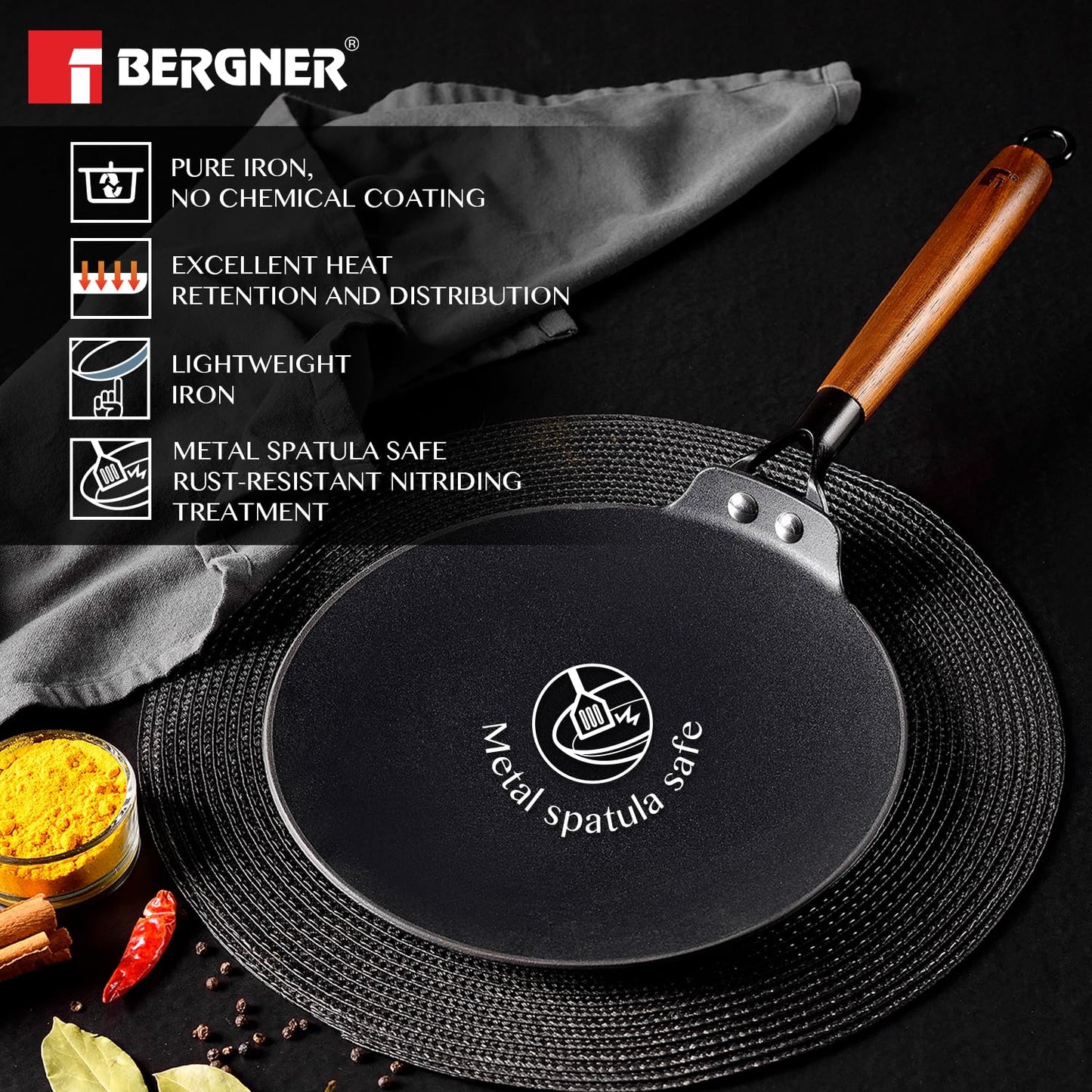 BERGNER Odin Cast Iron Roti Tawa with Wooden Coated Handle, Loha Roti Tawa, for Chapatis/Rotis/Parathas, Rust Proof and Lightweight Iron, Enamel Finish - Induction Bottom and Gas Stove Ready